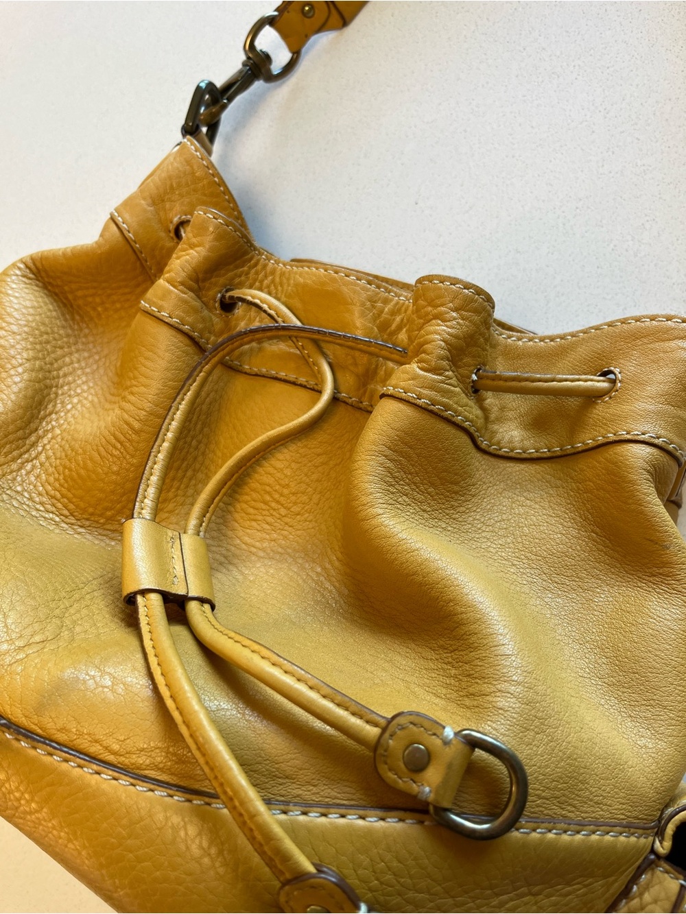 Cole Haan Mustard Leather Drawstring Shoulder Bag - Picture 7 of 14